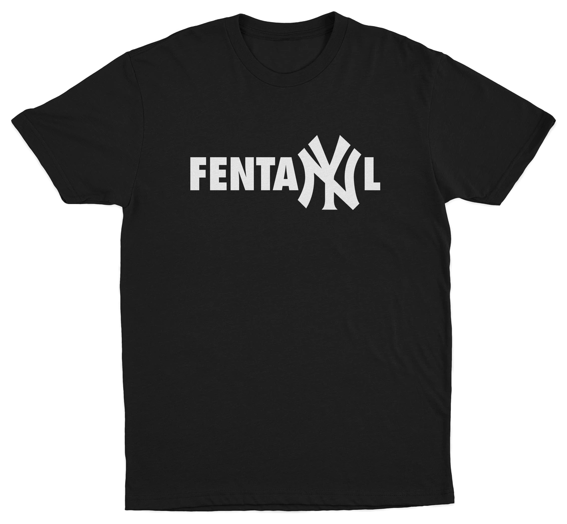 The FentaNYl T-Shirt is made from ethically grown cotton with "FENTANYL" in white and a Yankees-style NY logo, crafted for comfort and durability in 175 GSM fabric.