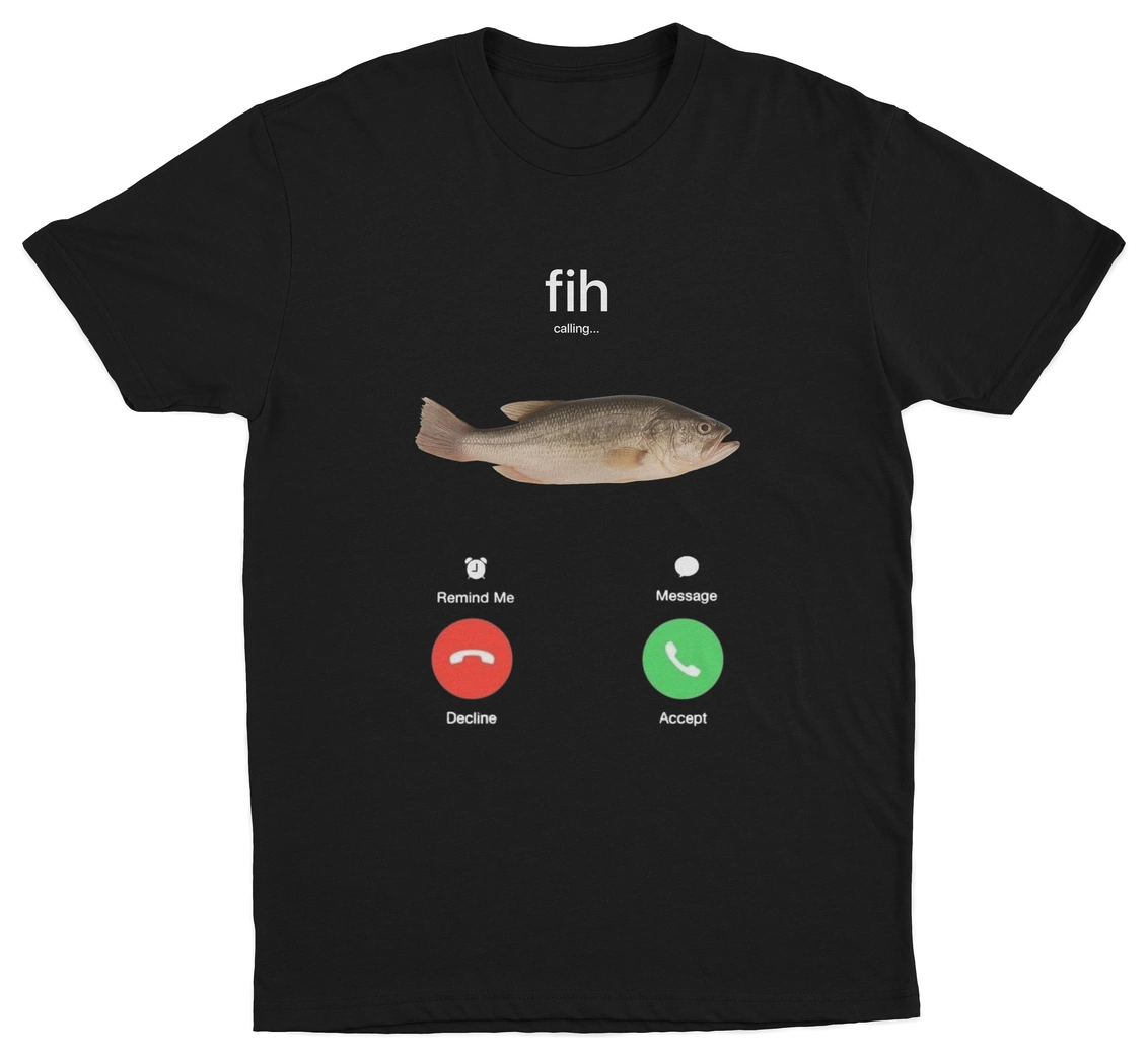 Black t-shirt with a fish illustration and phone interface design on a white background