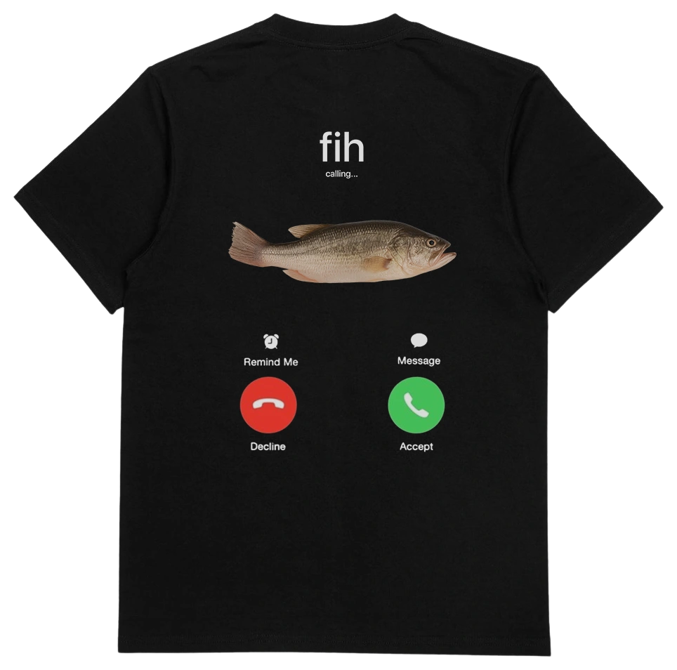 The Fih Phone Call T-Shirt (Backprint) is a black cotton tee with a fish and "fih" above, styled like a phone call screen, made from ethically grown cotton at 175 GSM for comfort.