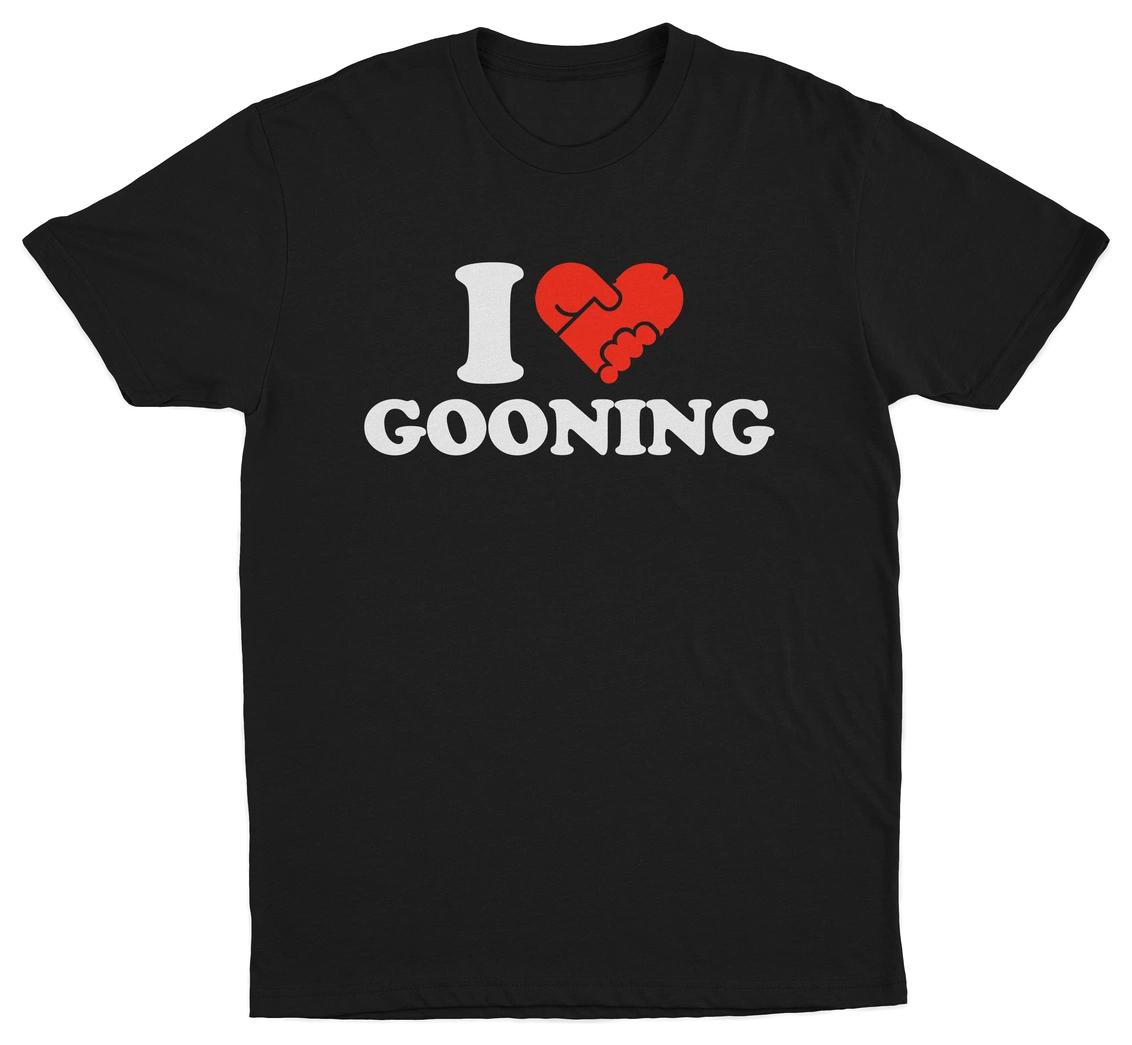 Black t-shirt with 'I ❤️ GOONING' text design on a white background