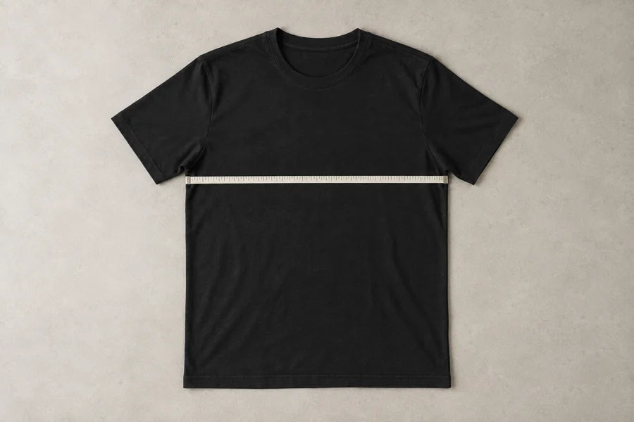 A black tee laid flat with a measuring tape across the chest