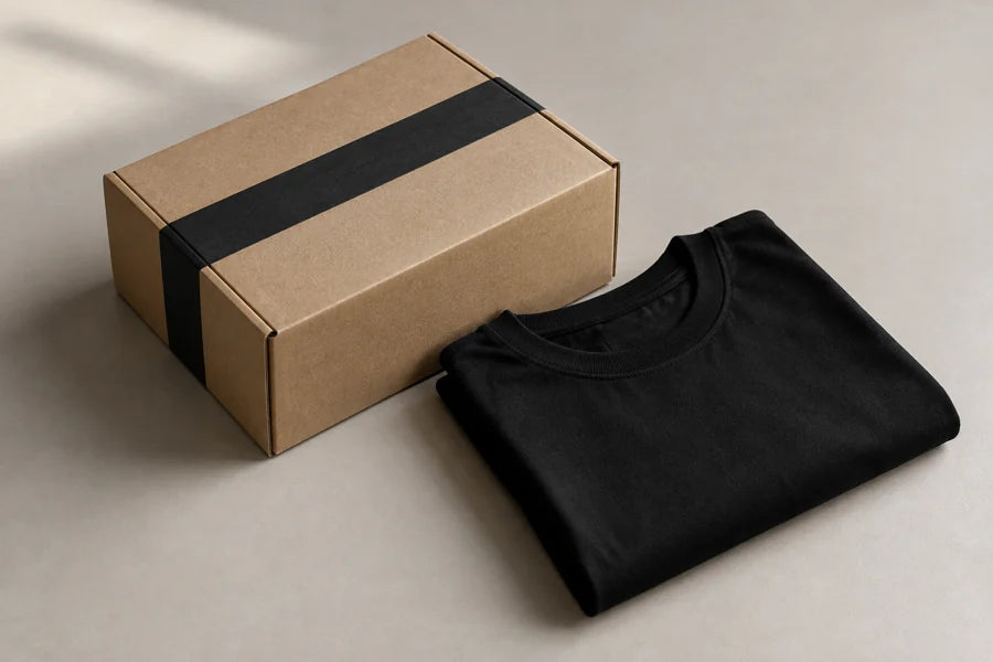 A folded black cotton tee beside a shipping box