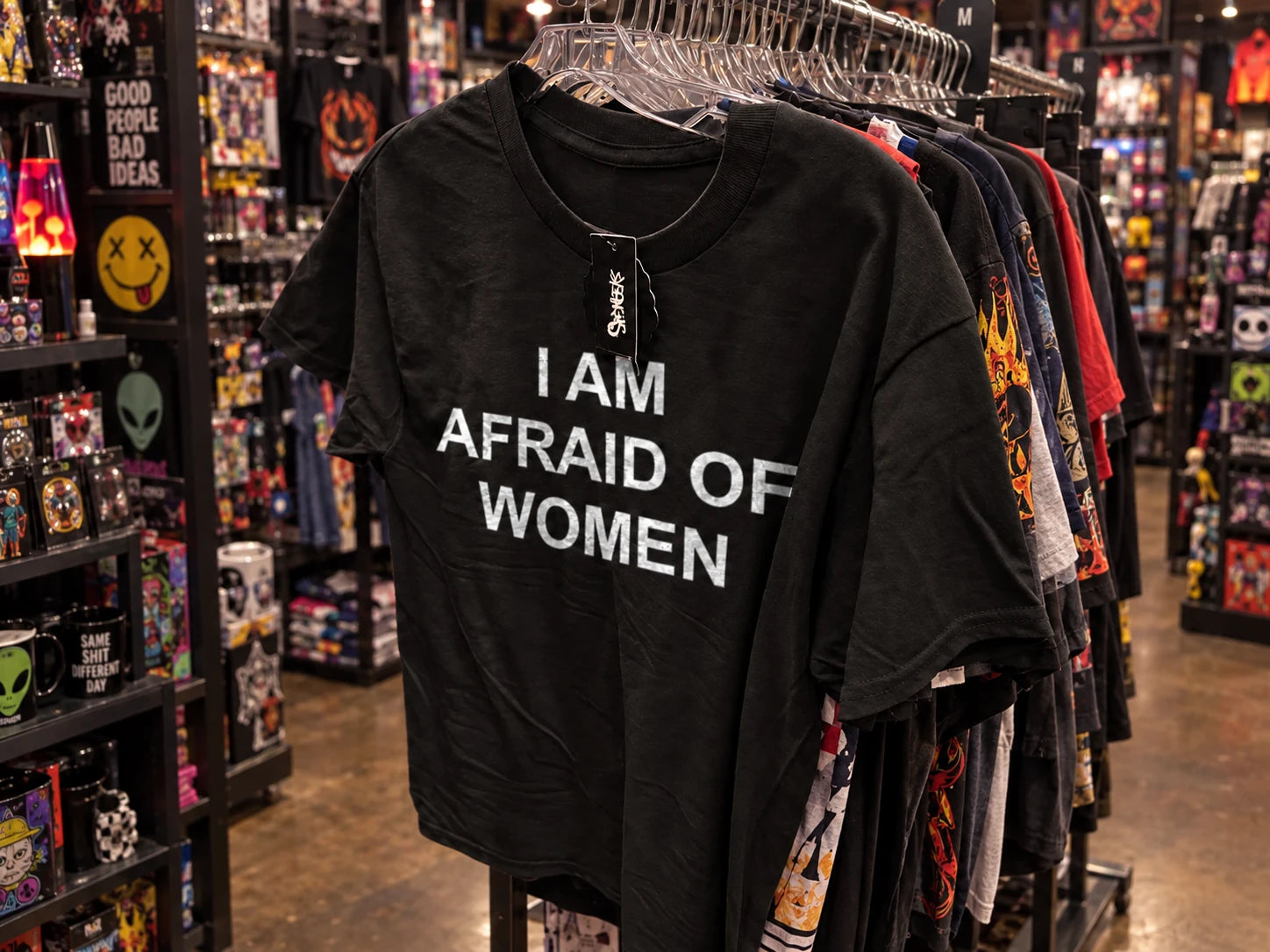 I Am Afraid Of Women T-shirt displayed on a clothing rack at Spencer’s