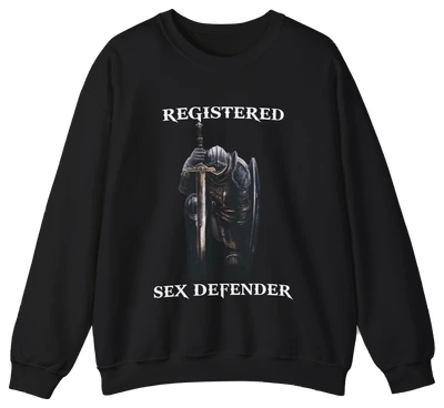 The Registered Sex Defender Crewneck is a black sweatshirt made from medium-heavy fabric, featuring a striking image of a knight holding a sword.