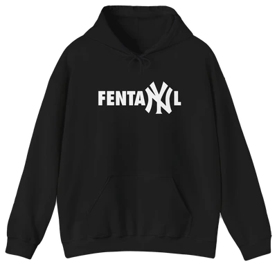 The FentaNYl Hoodie is black with “FentaNYl” in bold white letters on the chest, featuring the NY styled like a baseball team logo—perfect for fans of unique, humorous shirts.