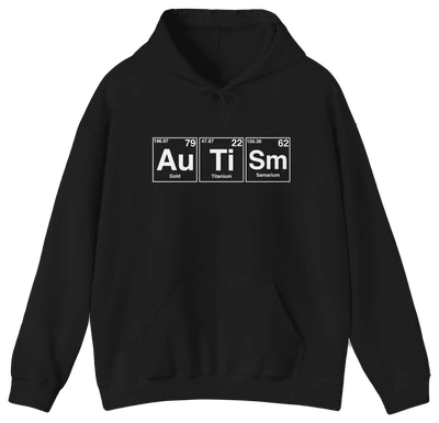 The Autism Periodic Table Hoodie is a black cotton-polyester blend with Au, Ti, and Sm spelled out in white on the chest. A must-have for science fans and Illegal Shirts collectors.