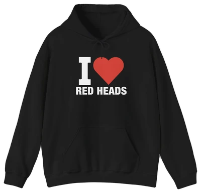 The I Heart Red Heads Hoodie features "I ♥ RED HEADS" on the front, made from cotton-polyester medium-heavy fabric with a front pocket and drawstrings—combining comfort and style for anyone who loves redheads.
