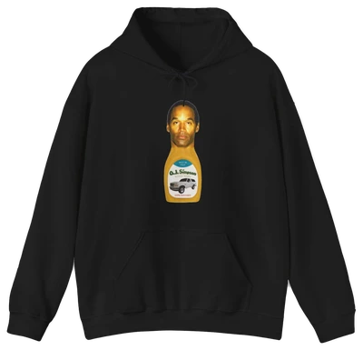 The O.J. Simpson Hoodie from Illegal Shirts showcases a bottle graphic labeled O.J. Simpson, a man's face inside the bottle, and a white car image below. Made from medium-heavy fabric for lasting comfort and durability.