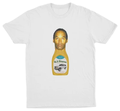 The O.J. Simpson T-Shirt, made from 100% cotton, features a salad dressing bottle with a man's face as the label and "O.J. Simpson" above a white car graphic.