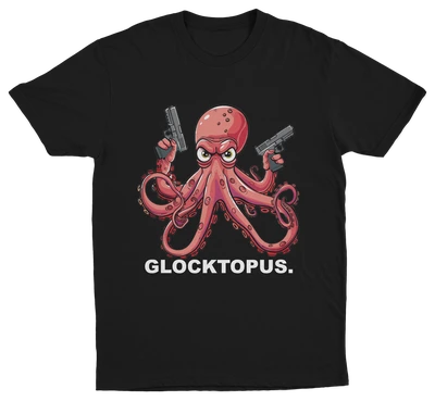 The Glocktopus T-Shirt showcases a cartoon octopus with pistols and an angry look, plus “GLOCKTOPUS.” printed underneath—perfect for fans of quirky, bold designs.