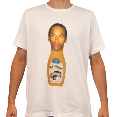 Wearing the 100% cotton, ethically made O.J. Simpson T-Shirt, which features his face on a ketchup bottle with a car and the phrase “Rest in pulp O.J. Simpson” on the label.
