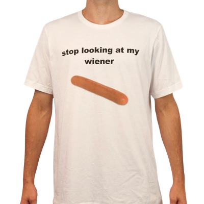 Wearing the Stop Looking At My Wiener T-Shirt, featuring the phrase above a hot dog image, is perfect for anyone who loves quirky tees or amusing Illegal Shirts.