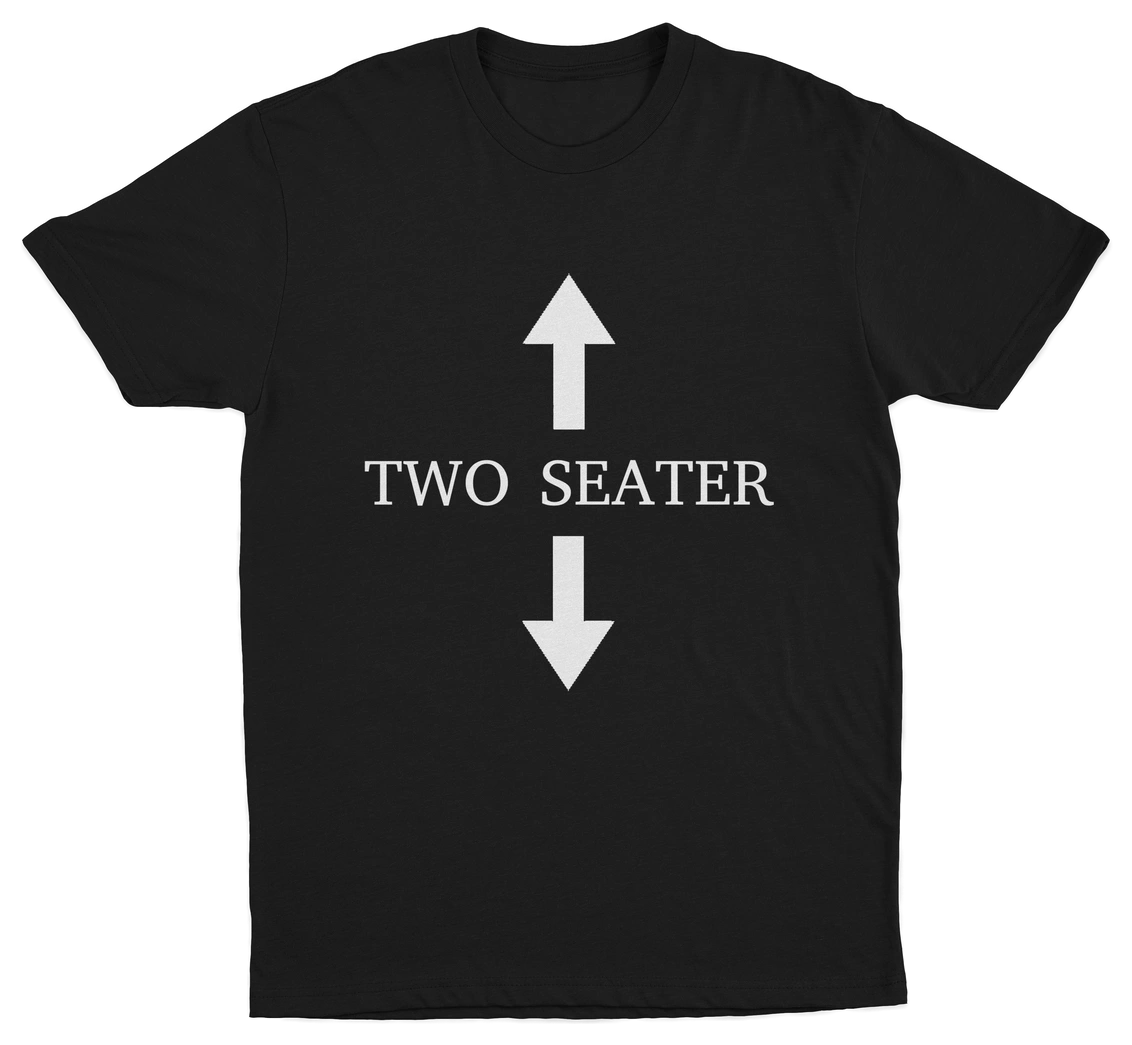The Mega Meme 6–Pack includes black 100% combed cotton tees with bold white arrows and "TWO SEATER" in all caps—a classic Illegal Shirts design that stands out.