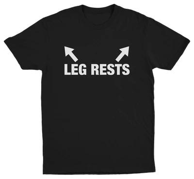 A black "The Ladies Man 3–Pack" T-shirt features white "LEG RESTS" text and two upward-pointing arrows above the words, printed on the front.