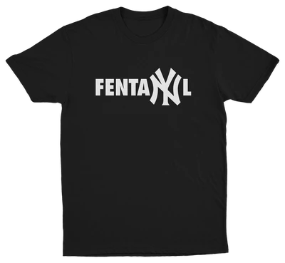 The FentaNYl T-Shirt is made from ethically grown cotton with "FENTANYL" in white and a Yankees-style NY logo, crafted for comfort and durability in 175 GSM fabric.