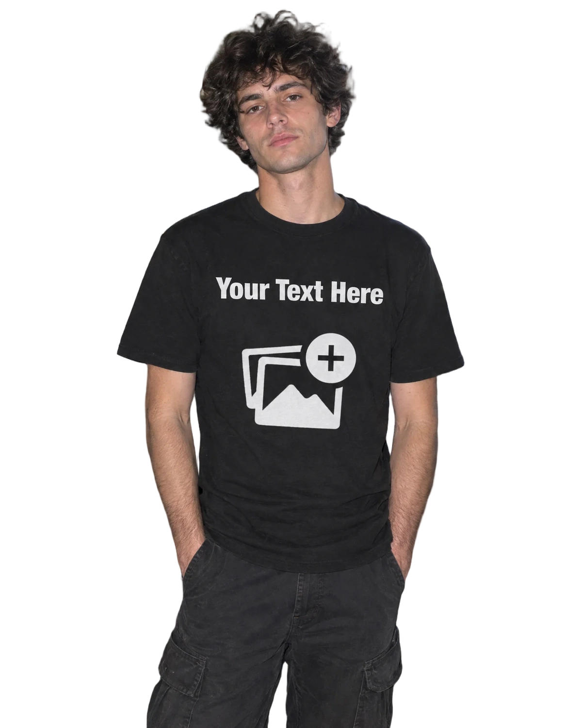 Custom Text &amp; Photo T-Shirt — On-body view (AI-generated styled mockup)