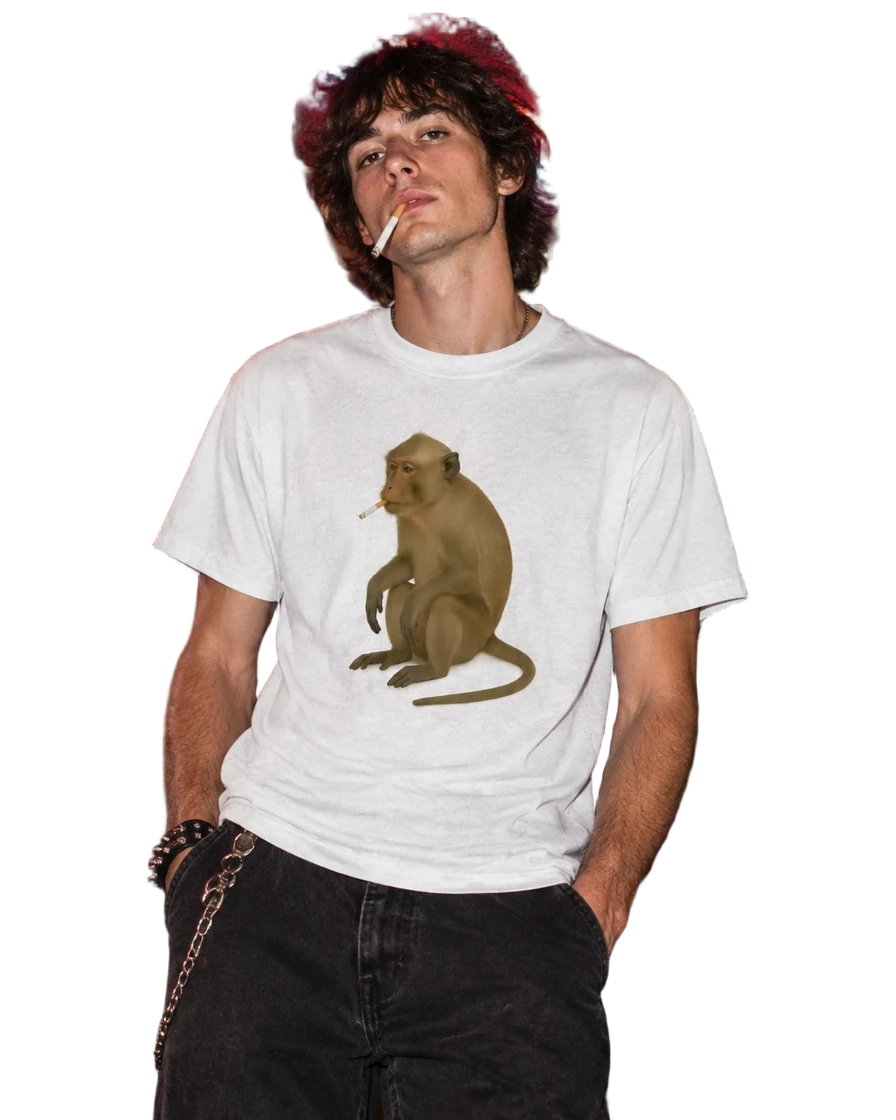 Monkey Smoking Cigarette T-Shirt — On-body view (AI-generated styled mockup)
