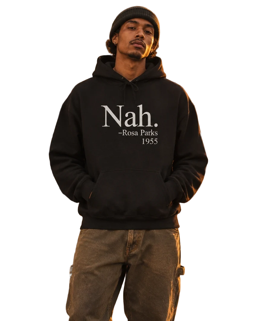 Nah Hoodie — On-body view (AI-generated styled mockup)