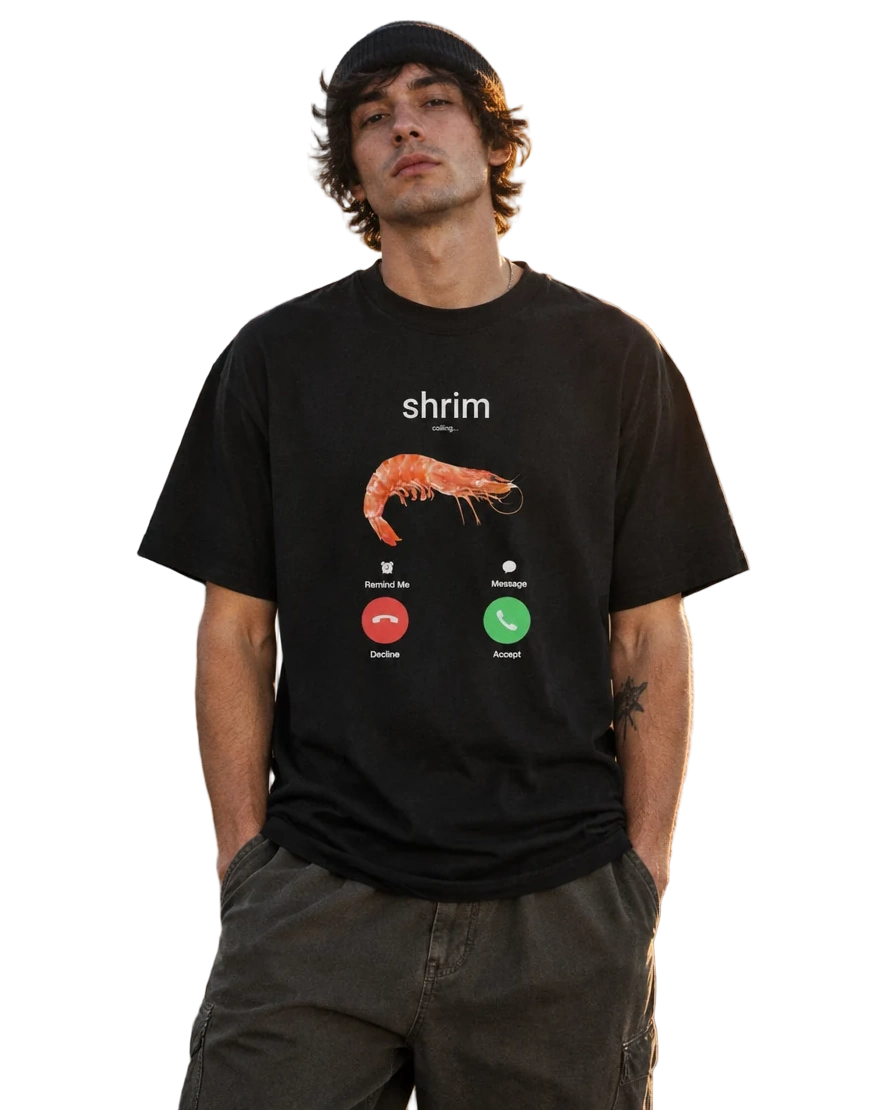 Shrim Phone Call T-Shirt — On-body view (AI-generated styled mockup)