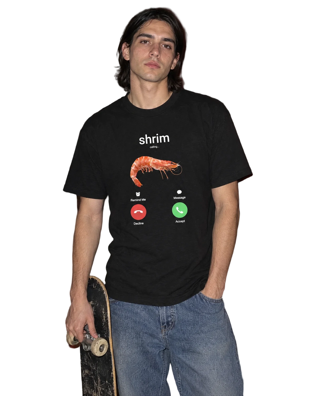 Shrim Phone Call T-Shirt — On-body view (AI-generated styled mockup)
