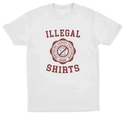 The Illegal Shirts Emblem T-Shirt features "ILLEGAL SHIRTS" in bold red, a round emblem with "ARMANDO CANINO PIEGQUINA 2022," and a shirt icon inside a red circle with a slash—ideal for fans of humorous tees.