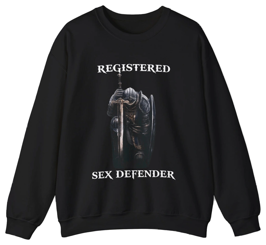 The Registered Sex Defender Crewneck is a black sweatshirt made from medium-heavy fabric, featuring a striking image of a knight holding a sword.