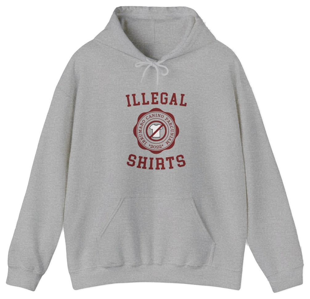 The Illegal Shirts Emblem Hoodie is a gray hoodie with a front pocket, bold red “ILLEGAL SHIRTS” text, and a striking red circular emblem—ideal for anyone who loves funny shirts with attitude.