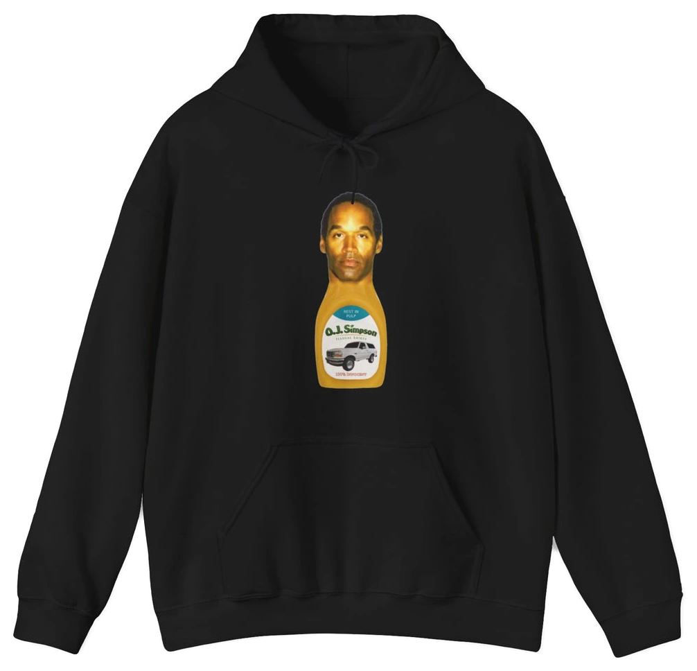 The O.J. Simpson Hoodie from Illegal Shirts showcases a bottle graphic labeled O.J. Simpson, a man's face inside the bottle, and a white car image below. Made from medium-heavy fabric for lasting comfort and durability.