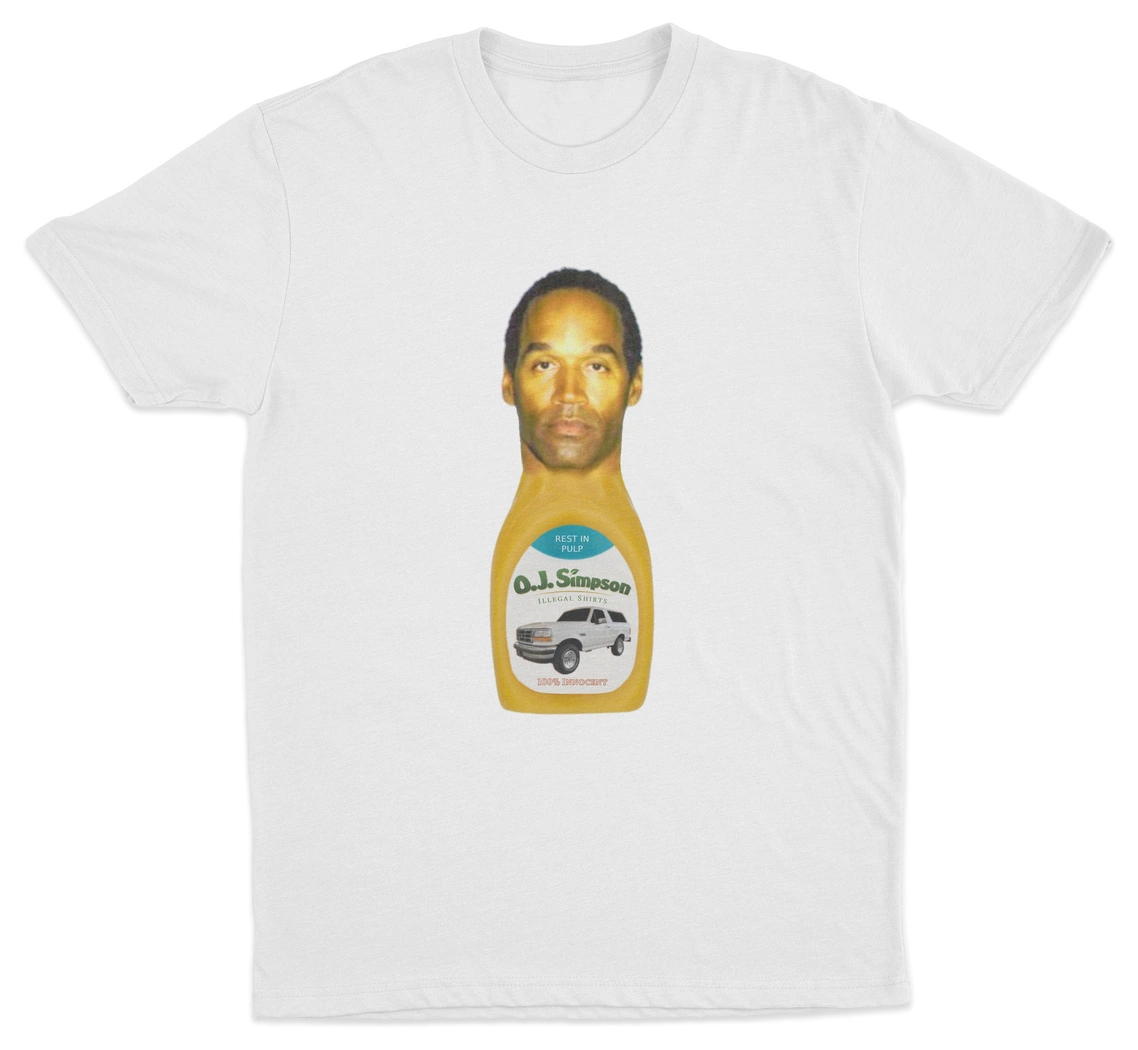The O.J. Simpson T-Shirt, made from 100% cotton, features a salad dressing bottle with a man's face as the label and "O.J. Simpson" above a white car graphic.