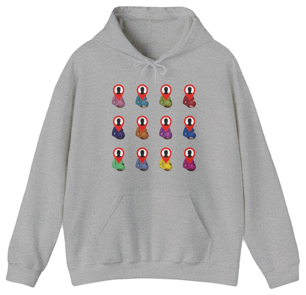 A gray Certified Pedophile Hoodie in medium-heavy fabric, featuring a grid of twelve cartoon meditating figures with red and white heads, each in colorful robes. Part of our exclusive Illegal Shirts collection.