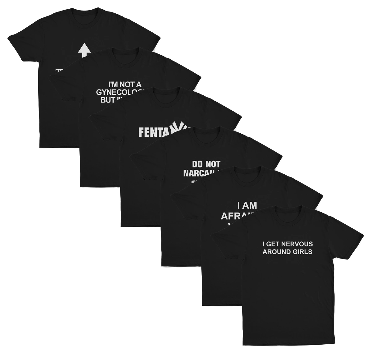 The Mega Meme 6–Pack features six black Illegal Shirts made of soft combed ring-spun cotton, each with bold and humorous white slogans. Arranged diagonally on a white background, the overlapping prints remain striking and eye-catching.