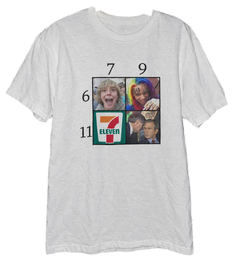 67 69 711 911 T-Shirt — Hanging view (AI-generated styled mockup)