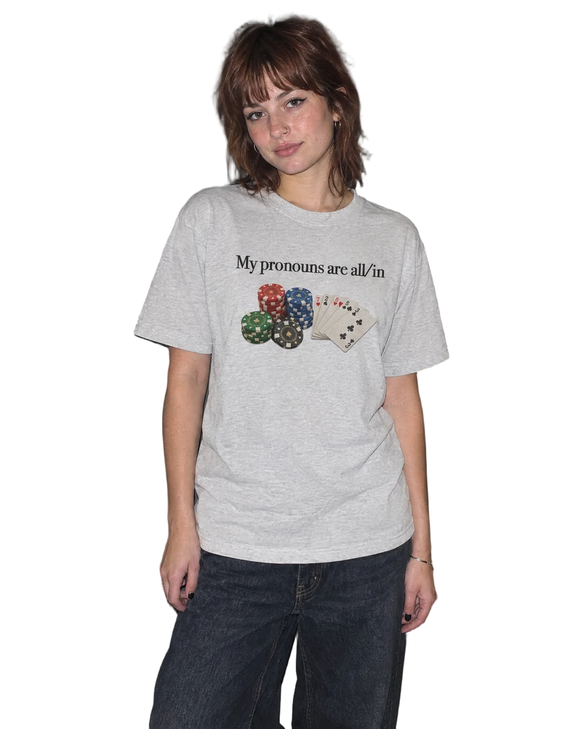 My Pronouns Are All/In T-Shirt — On-body view (AI-generated styled mockup)