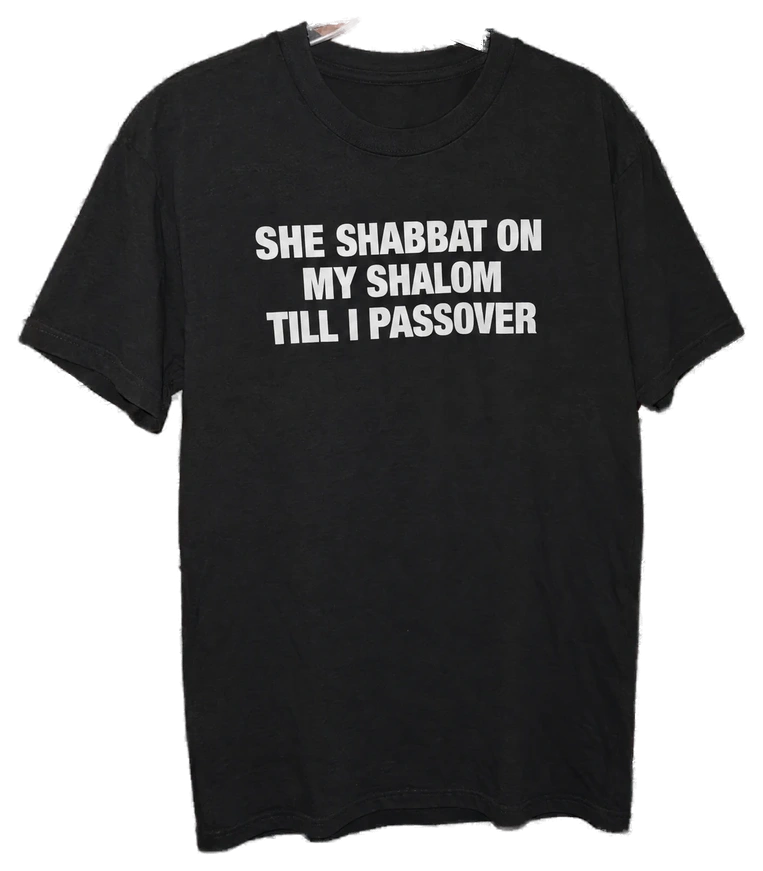 She Shabbat On My Shalom Till I Passover T-Shirt — Hanging view (AI-generated styled mockup)